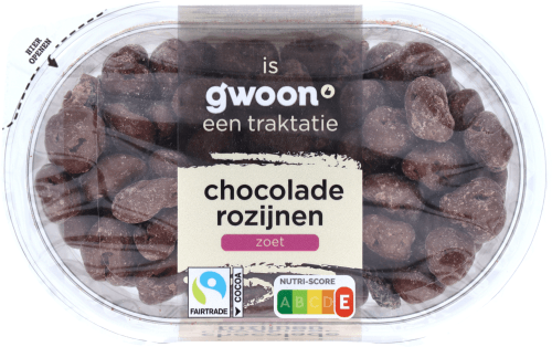Foto van G'woon Chocolade rozijnen melk op witte achtergrond