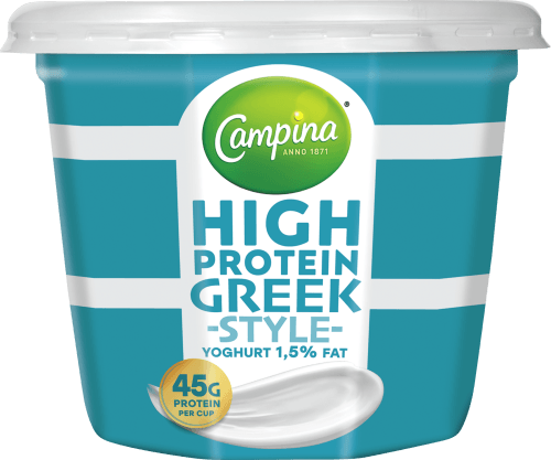 Foto van Campina High protein greek yoghurt 1.5% fat op witte achtergrond