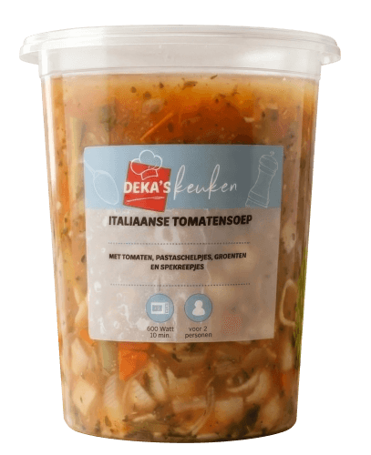 Foto van DekaMarkt Italiaanse tomatensoep op witte achtergrond