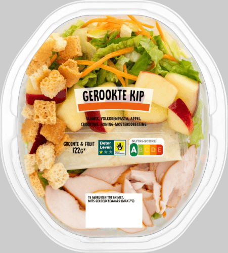 Foto van Maaltijdsalade gerookte kip op witte achtergrond