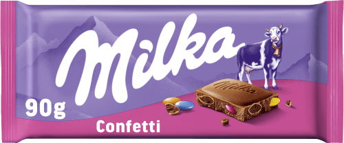 Foto van Milka Chocoladereep confetti op witte achtergrond