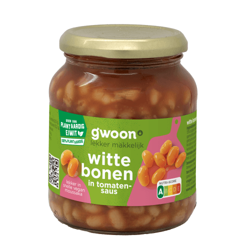 Foto van G'woon Witte bonen in tomatensaus op witte achtergrond