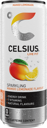 Foto van Celsius Energydrink sparkling mango op witte achtergrond