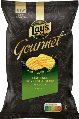 Foto van Lay's Chips gourmet sea salt olive oil&herbs op witte achtergrond