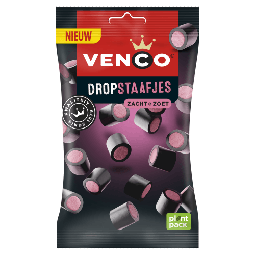 Foto van Venco Dropstaafjes met aardbei op witte achtergrond