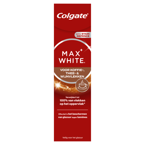 Foto van Colgate Tandpasta max white coffee-tea-wine op witte achtergrond