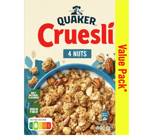 Foto van Quaker Cruesli 4 nuts op witte achtergrond