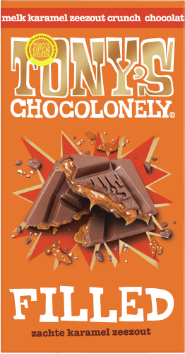 Foto van Tony's Filled melk karamel zeezout op witte achtergrond