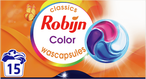 Foto van Robijn Vloeibaar wasmiddel caps 3 in 1 op witte achtergrond