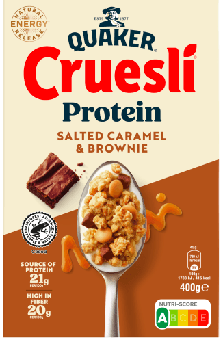 Foto van Quaker Cruesli protein caramel brownie op witte achtergrond