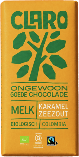 Foto van Claro Chocoladereep melk salted caramel op witte achtergrond