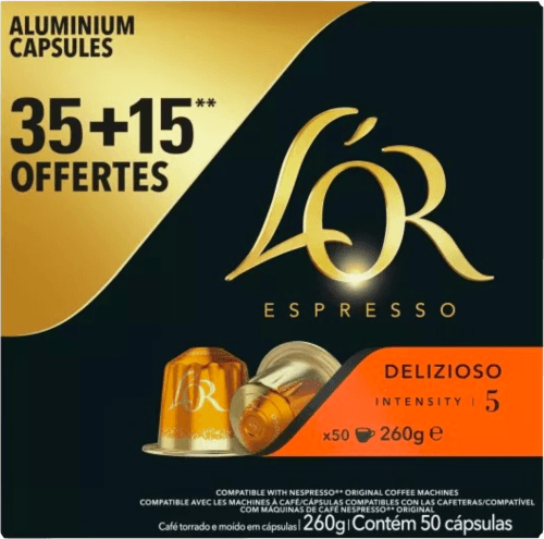 Foto van L'Or Koffiecups delizio sterkte 5 op witte achtergrond