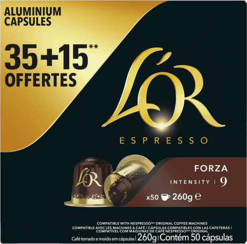 Foto van L'Or Koffiecups forza sterkte 9 op witte achtergrond