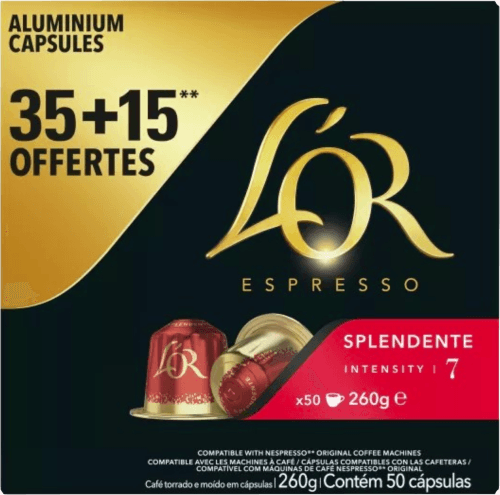 Foto van L'Or Koffie capsules splendente sterkte 7 op witte achtergrond