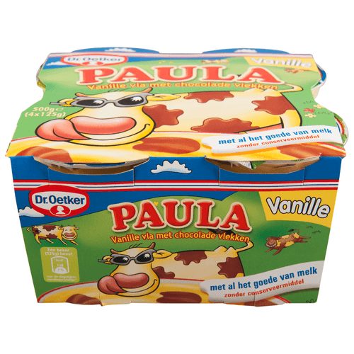 Foto van Dr. Oetker Paula vla vanille en chocolade op witte achtergrond