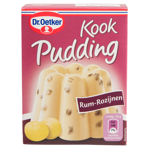 Foto van Dr. Oetker Kookpudding rum - rozijnen op witte achtergrond