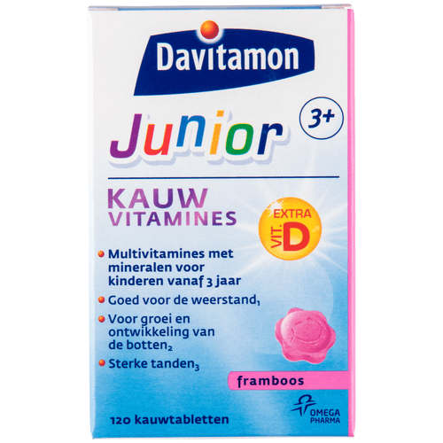 Foto van Davitamon Kauwvitamine framboos junior 3-12 jaar op witte achtergrond