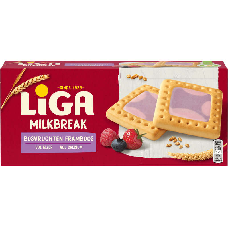 Liga Milkbreak Bosvruchten- en Frambozensmaak 6x2 biscuits 245 g