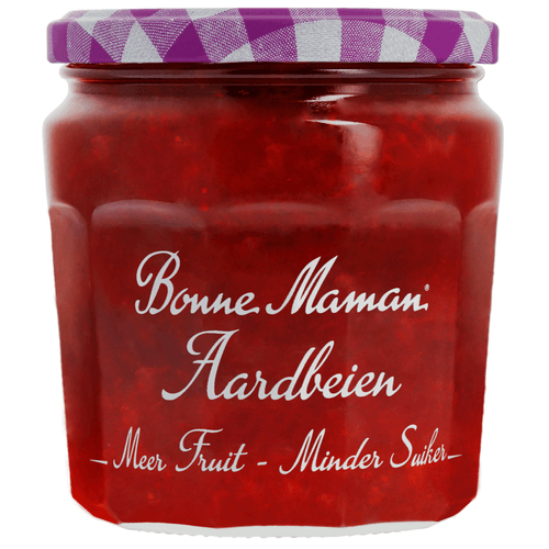 Foto van Bonne Maman Fruitbeleg meer fruit minder suiker aardbei op witte achtergrond