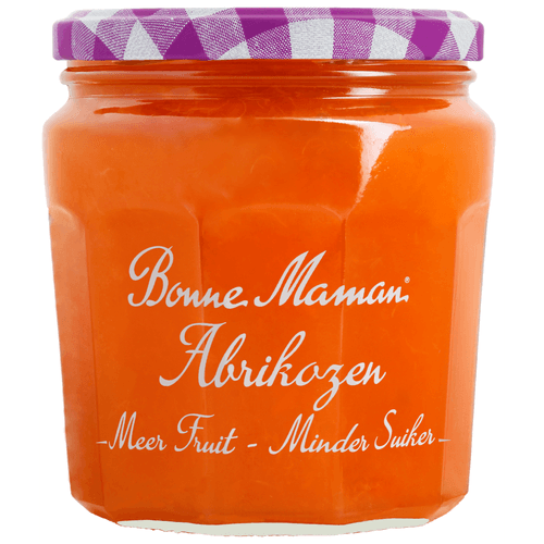 Foto van Bonne Maman Fruitbeleg meer fruit minder suiker abrikoos op witte achtergrond