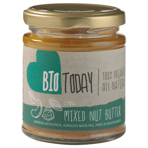 Foto van BioToday Gemengde notenpasta op witte achtergrond