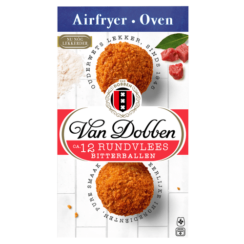 Foto van Van Dobben Oven rundvlees bitterballen op witte achtergrond