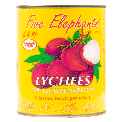 Foto van Five Elephants Lychees op lichte siroop op witte achtergrond