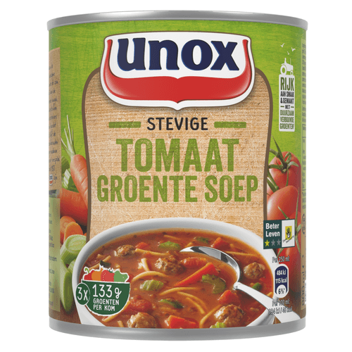 Foto van Unox Stevige tomaat groentesoep op witte achtergrond