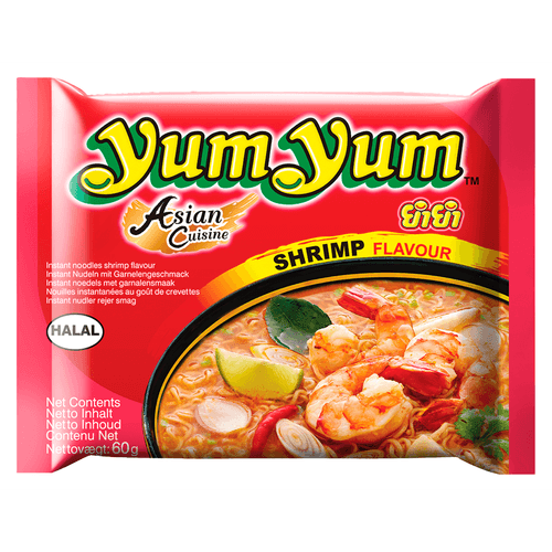 Foto van Yum Yum Noodles garnalen op witte achtergrond