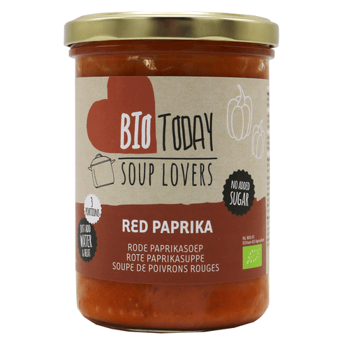 Foto van BioToday Rode paprikasoep op witte achtergrond