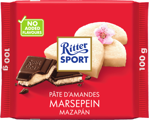 Foto van Ritter Sport Chocolade met marsepein op witte achtergrond