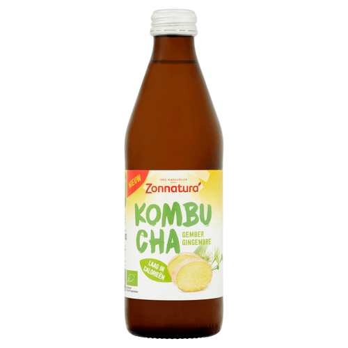 Foto van Zonnatura Kombucha gember-limoen op witte achtergrond