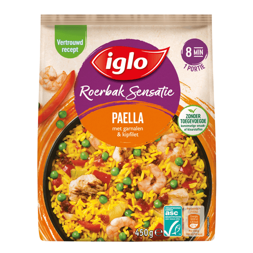 Foto van Iglo Roerbaksensatie Spaanse paella op witte achtergrond