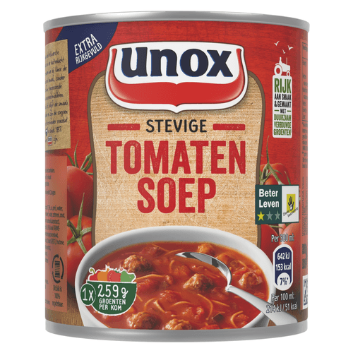 Foto van Unox Stevige tomatensoep op witte achtergrond