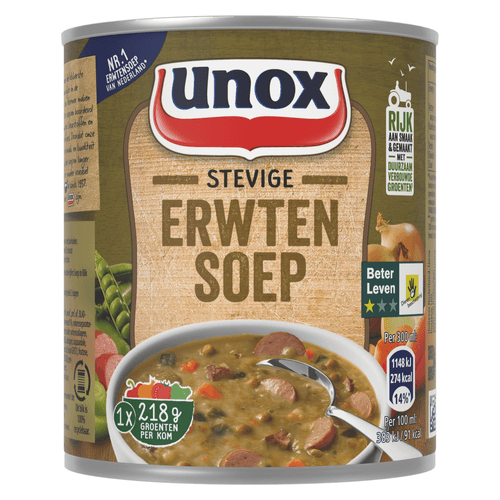 Foto van Unox Stevige erwtensoep op witte achtergrond