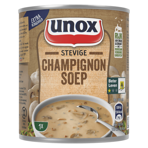 Foto van Unox Stevige champignonsoep op witte achtergrond