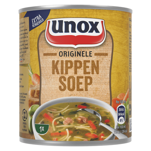 Foto van Unox Originele kippensoep op witte achtergrond