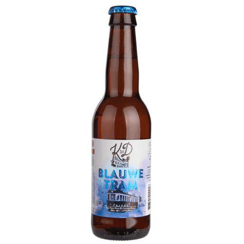 Foto van Klein Duimpje Blauwe tram trippel op witte achtergrond