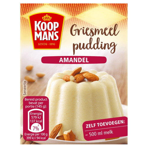 Foto van Koopmans Griespudding amandeltjes op witte achtergrond