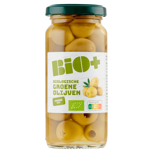 Foto van Bio+ Groene olijven zonder pit op witte achtergrond