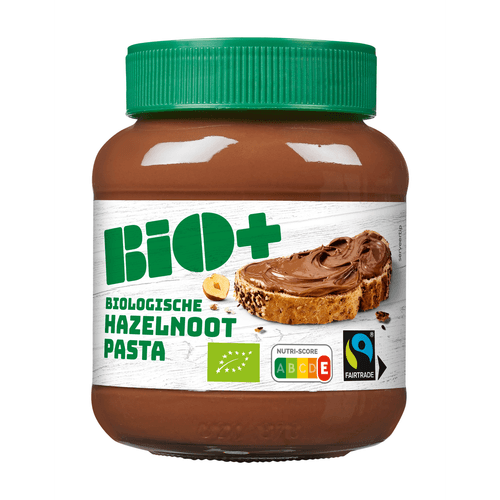 Foto van Bio+ Hazelnootpasta op witte achtergrond