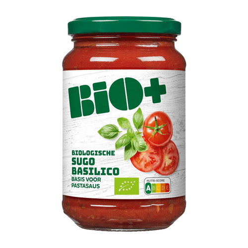 Foto van Bio+ Pastasaus basilicum op witte achtergrond