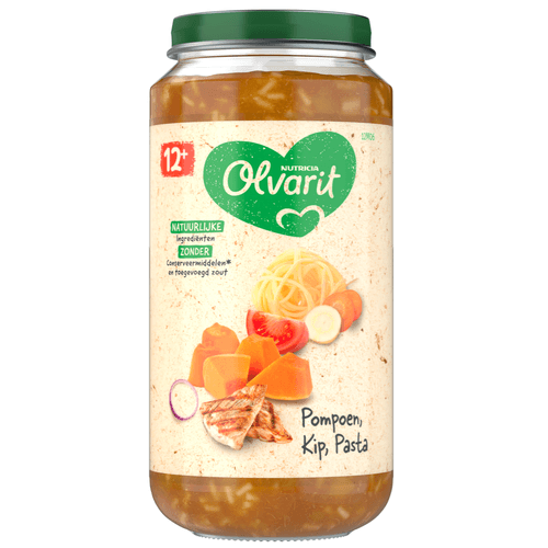 Foto van Olvarit 12+ Maanden Pompoen Kip Pasta op witte achtergrond