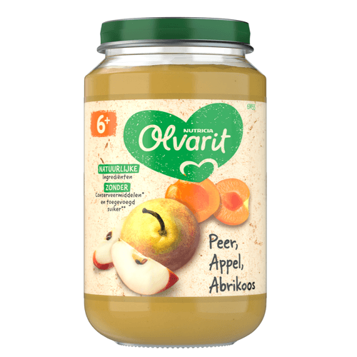 Foto van Olvarit 6+ Maanden Peer Appel Abrikoos op witte achtergrond
