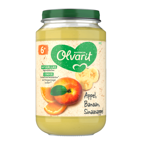Foto van Olvarit 6+ Maanden Appel Banaan Sinaasappel op witte achtergrond