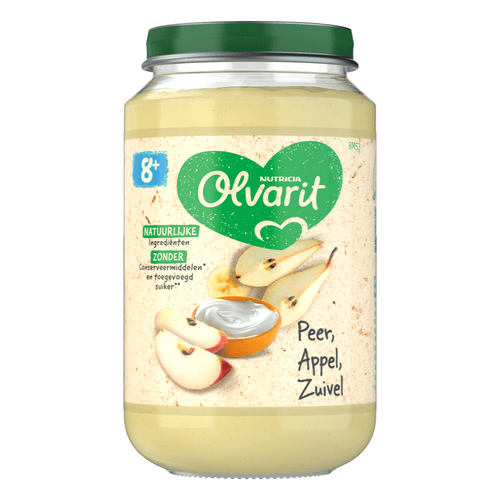 Foto van Olvarit 8+ Maanden Peer Appel Zuivel op witte achtergrond