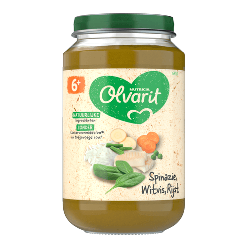 Foto van Olvarit 6+ Maanden Spinazie Witvis Rijst op witte achtergrond