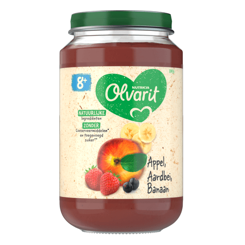 Foto van Olvarit 8+ Maanden Appel Aardbei Banaan op witte achtergrond