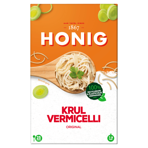 Foto van Honig Krulvermicelli middel op witte achtergrond