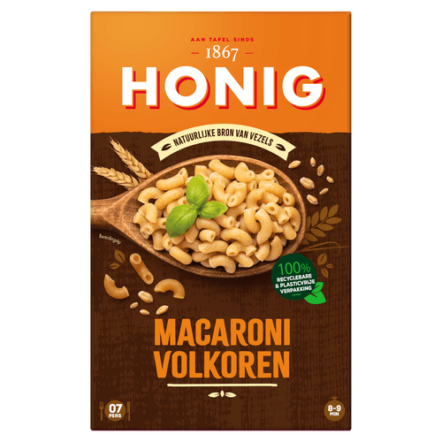 Foto van Honig Macaroni volkoren op witte achtergrond